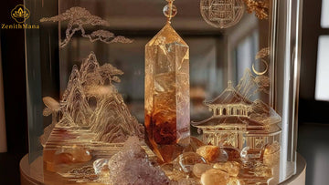 A golden crystal energy altar featuring gemstones and sacred Tibetan-inspired art, symbolizing balance and spiritual harmony by ZenithMana.