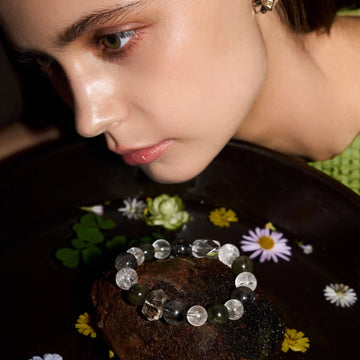 Elegant crystal bracelet for women styled on a neutral background, highlighting refined beads, soft tones, and timeless gift appeal.