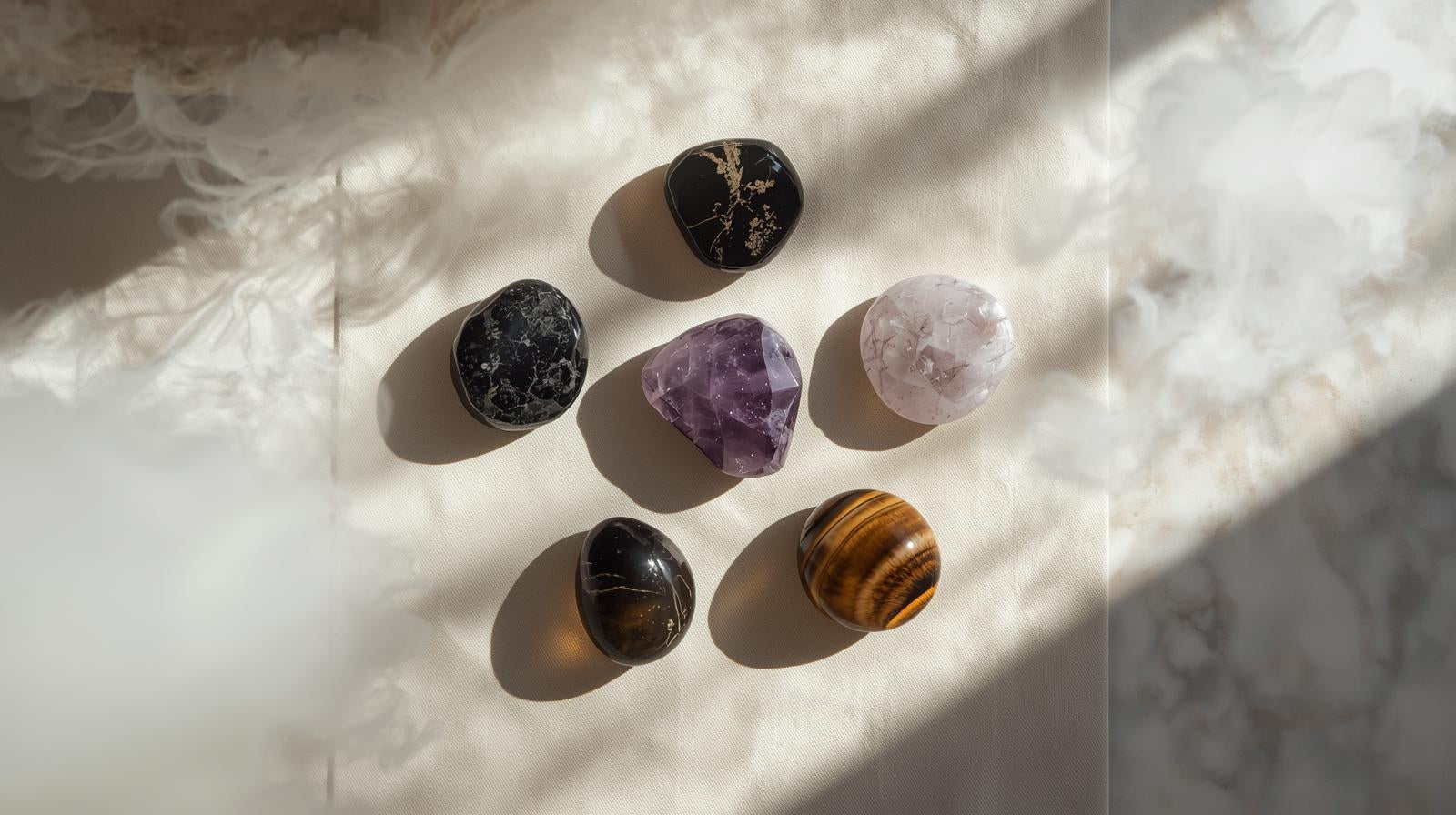 Five protective crystals — obsidian, tourmaline, amethyst, smoky quartz, and tiger’s eye on neutral background.