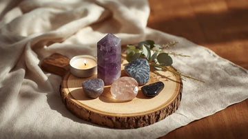 Flat lay of amethyst and rose quartz calm crystals with candle and eucalyptus, expressing grounding energy and stress relief.