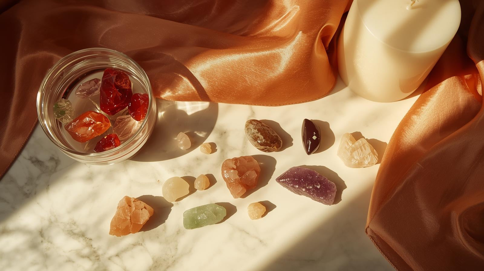 Colorful raw crystals glistening under sunlight by the water, symbolizing natural energy, healing, and powerful protection stones.