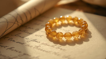 Citrine bracelet on vintage paper under warm light, emphasizing the romantic golden glow and symbolic abundance of citrine crystal jewelry.