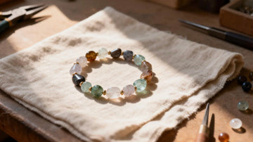 Gemstone bracelet with mixed natural stones resting on an artisan’s worktable beside tools and cloth, showing texture, and handcrafted design.