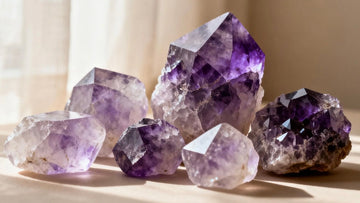 Amethyst crystals in various purple shades resting on a soft surface, showcasing their natural texture and beauty in crystal jewelry.