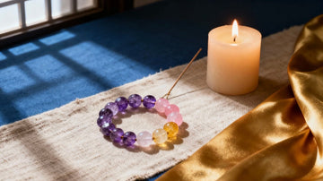 Spiritual jewelry with amethyst, rose quartz, and citrine on linen under soft light, symbolizing mindfulness, healing energy, and timeless elegance.