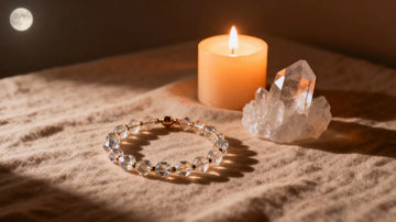 Healing crystal bracelet on linen beside candlelight and quartz cluster, glowing in soft moonlight, symbolizing calm renewal and spiritual awareness.