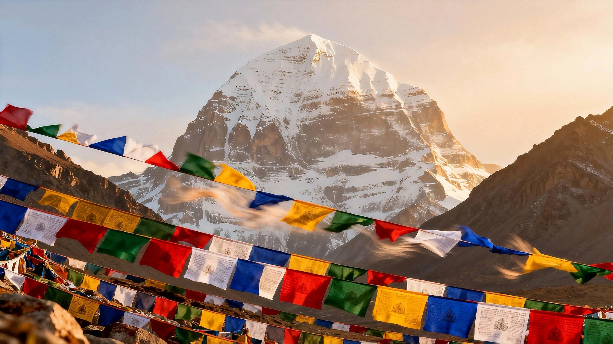 Mount Kailash under soft light with prayer flags and calm landscape, symbolizing healing, reflection, and spiritual intention.