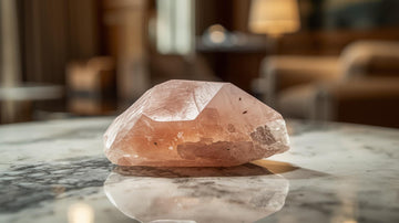 Rose quartz crystal on a marble table — symbolizes love, calm energy, and emotional healing by ZenithMana.
