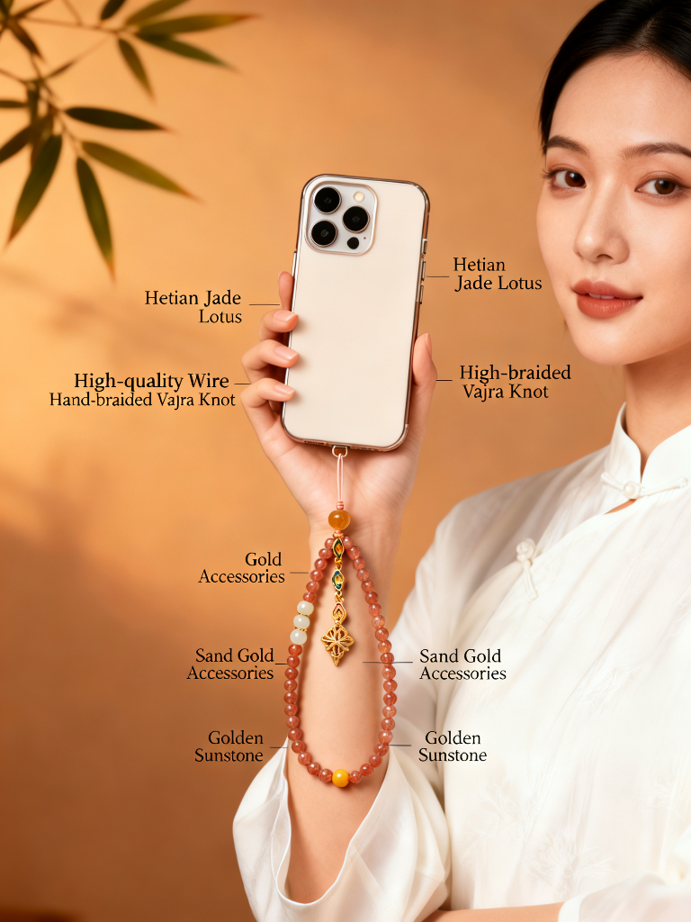 Golden Sunstone Phone Charm - Natural Hetian Jade & Crystal Wrist Strap, Luxury Handcrafted Lucky Amulet & Anti-Loss Lanyard for Women
