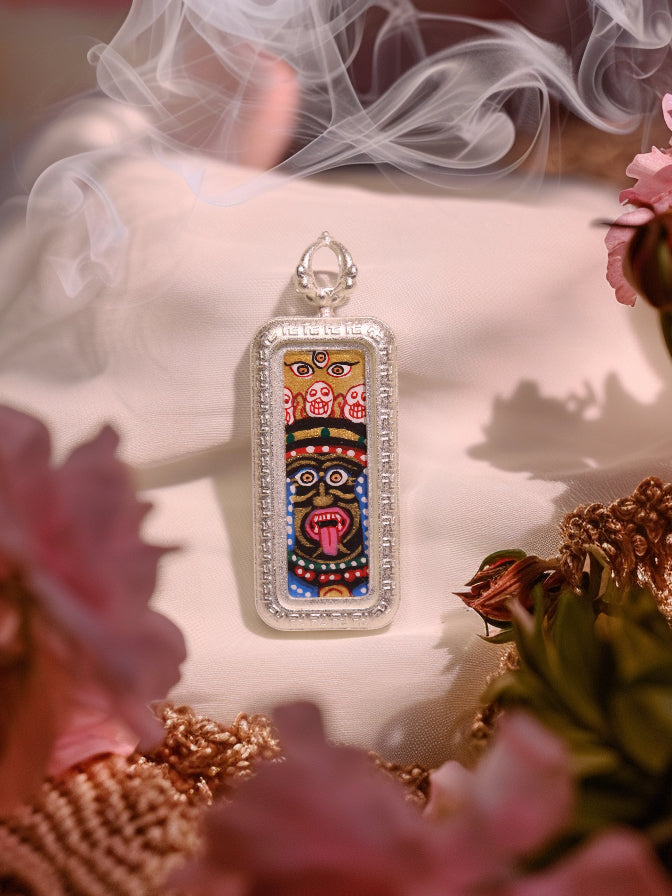 Hand-Painted Tibetan Zhakiram Silver Rectangular Thangka Pendant Amulet