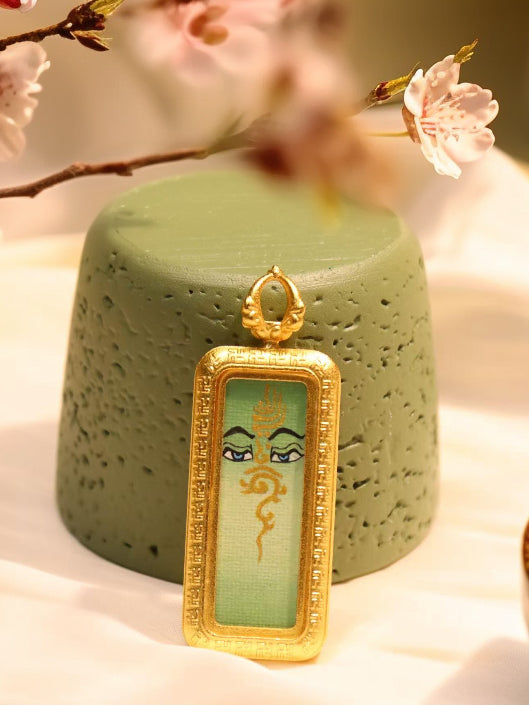 Hand-Painted Tibetan Green Jambhala Gilded Rectangular Thangka Pendant Amulet