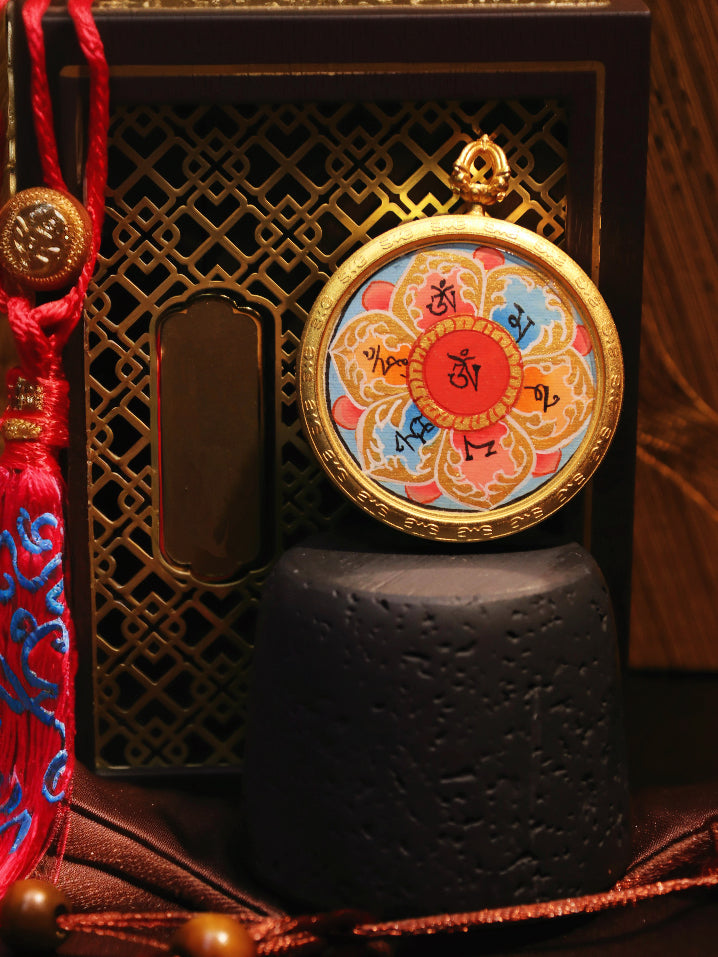 Hand-Painted Tibetan Six-Syllable Mantra Om Mani Padme Hum Rebgong Thangka Pendant