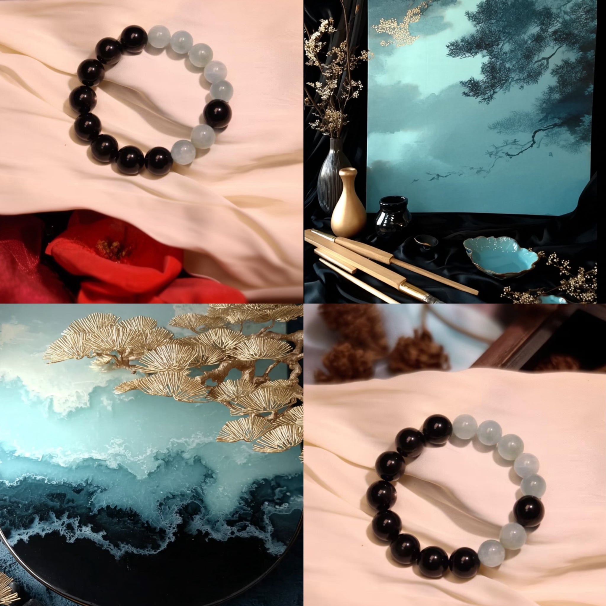 Silver Sheen Obsidian & Aquamarine Crystal Bracelet for Men · Celestial Lotus