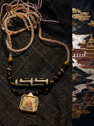 Authentic Tibetan Dzi Bead Thangka Necklace