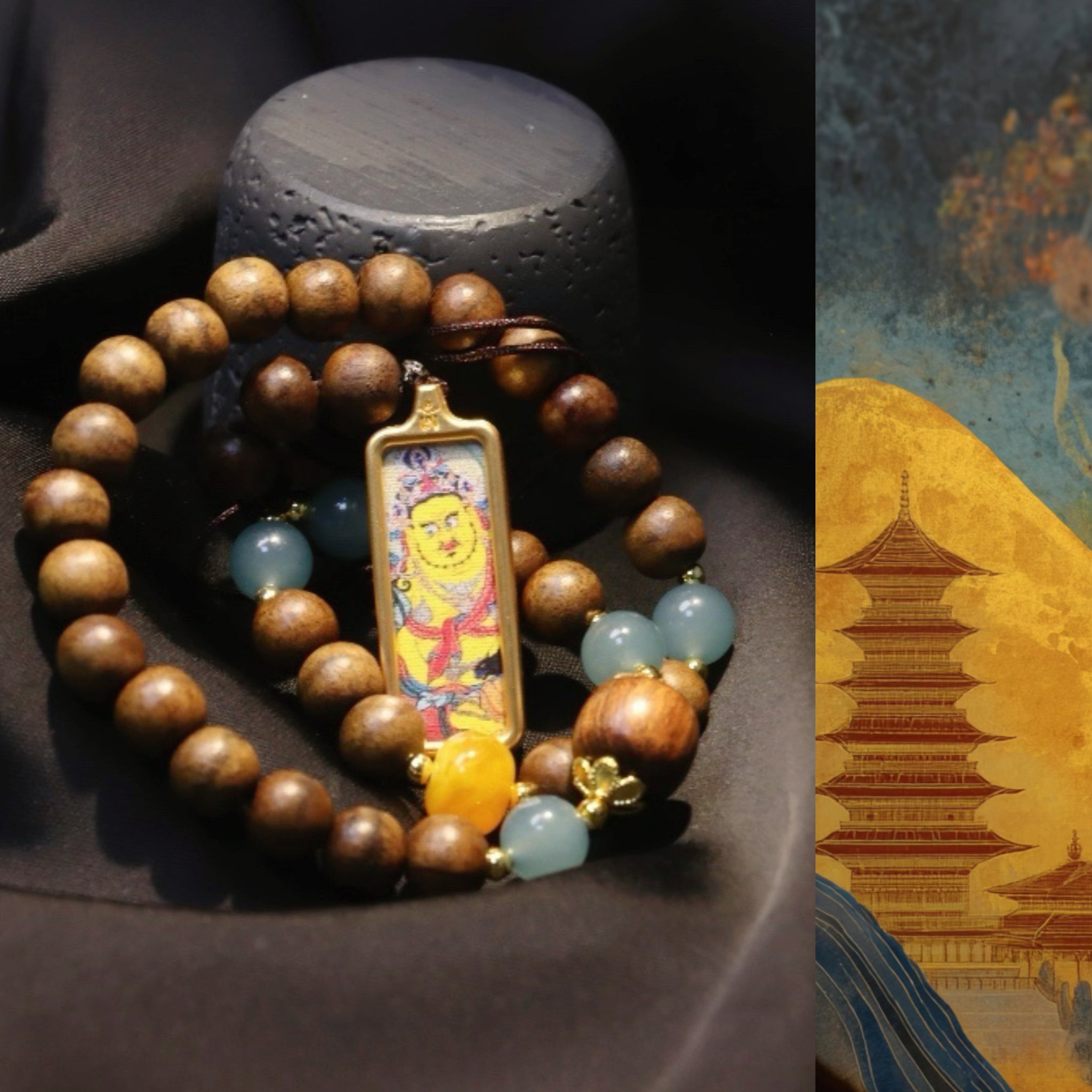 Tibetan Yellow Jambhala Sandalwood Thangka Phone Charm