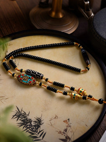 Agate & Dzi Bead Tibetan Necklace – Versatile Pendant Hanging Rope