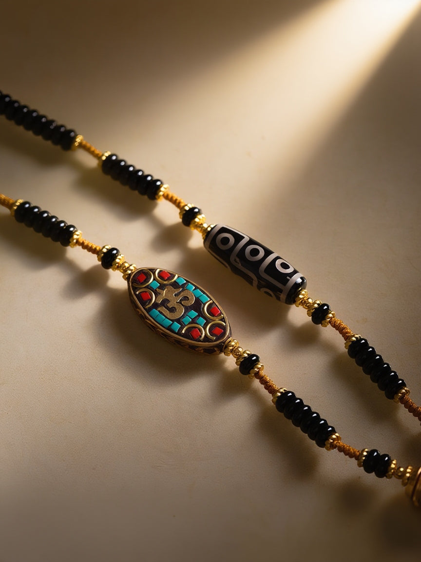 Agate & Dzi Bead Tibetan Necklace – Versatile Pendant Hanging Rope