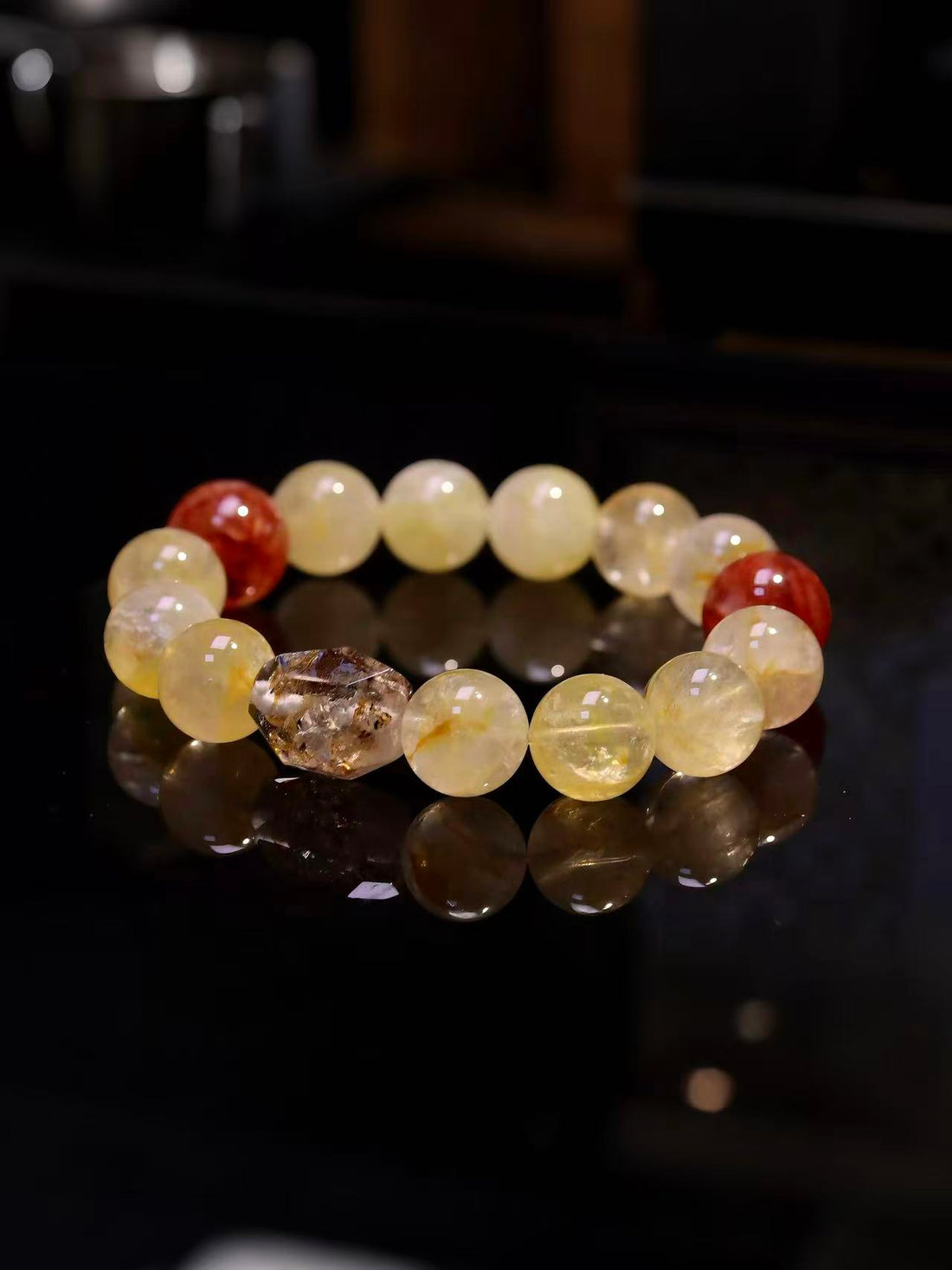Red Amber & Obsidian Energy Crystal  Bracelet · Golden Dynasty