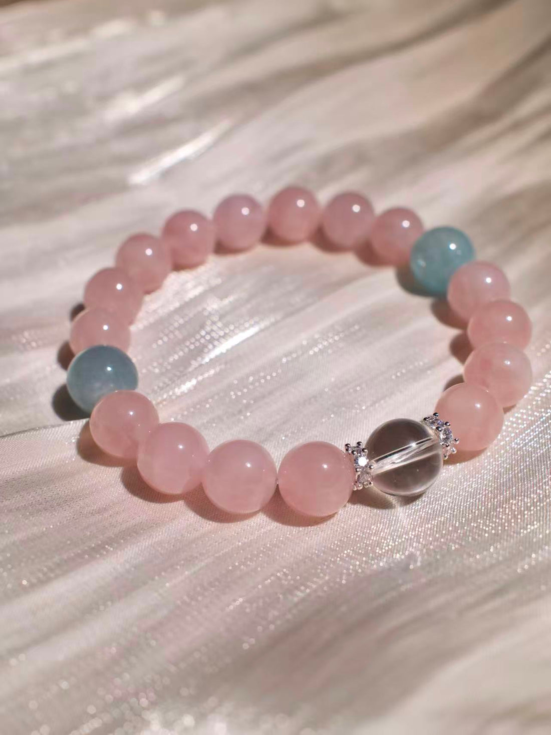 Rose Quartz Aquamarine Crystal Bracelet ·Glacial Petals