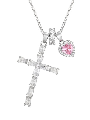 White Cross Necklace with Heart Charm – Stylish Faith Pendant for Women
