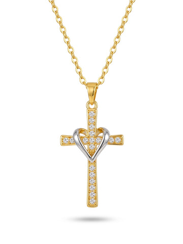Gold Chain Silver Heart Cross Necklace – Stylish Dual-Tone Faith Pendant