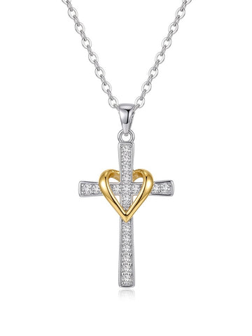 Silver Chain Gold Heart Cross Necklace – Dual Tone Faith Pendant for Women