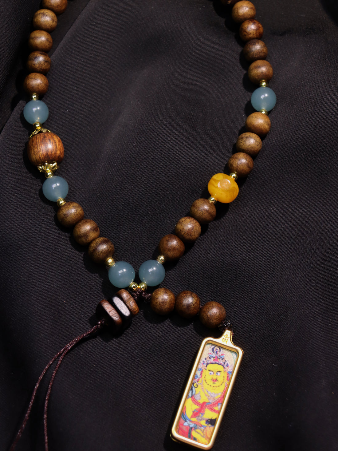 Tibetan Yellow Jambhala Sandalwood Thangka Phone Charm