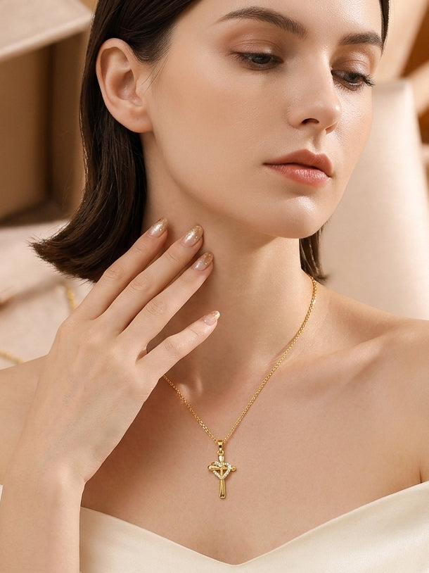 Gold Chain Gold Heart Cross Necklace – Elegant Christian Faith Pendant for Women