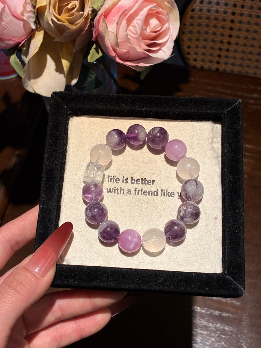 12mm Kunzite Amethyst Crystal Bracelet – Feng Shui Anxiety Relief - Moonlit Cat