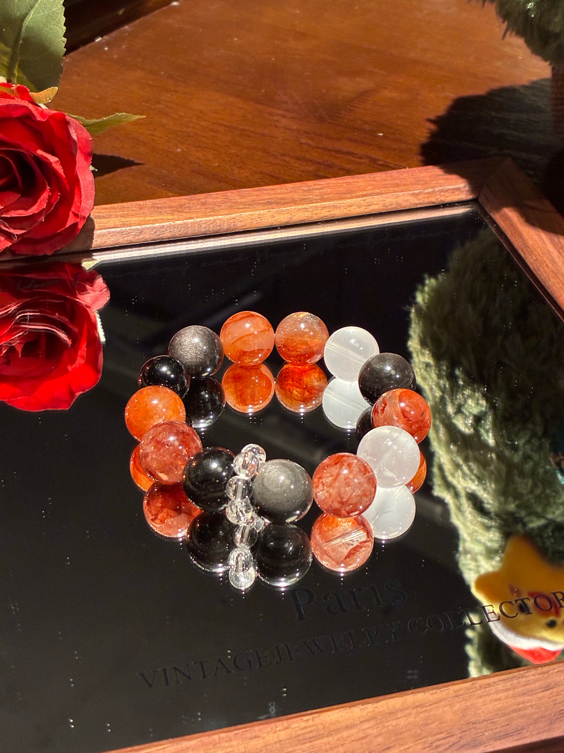 Red Flower Quartz & Silver Sheen Obsidian Bracelet, 15-16cm Protection - Ember Mist