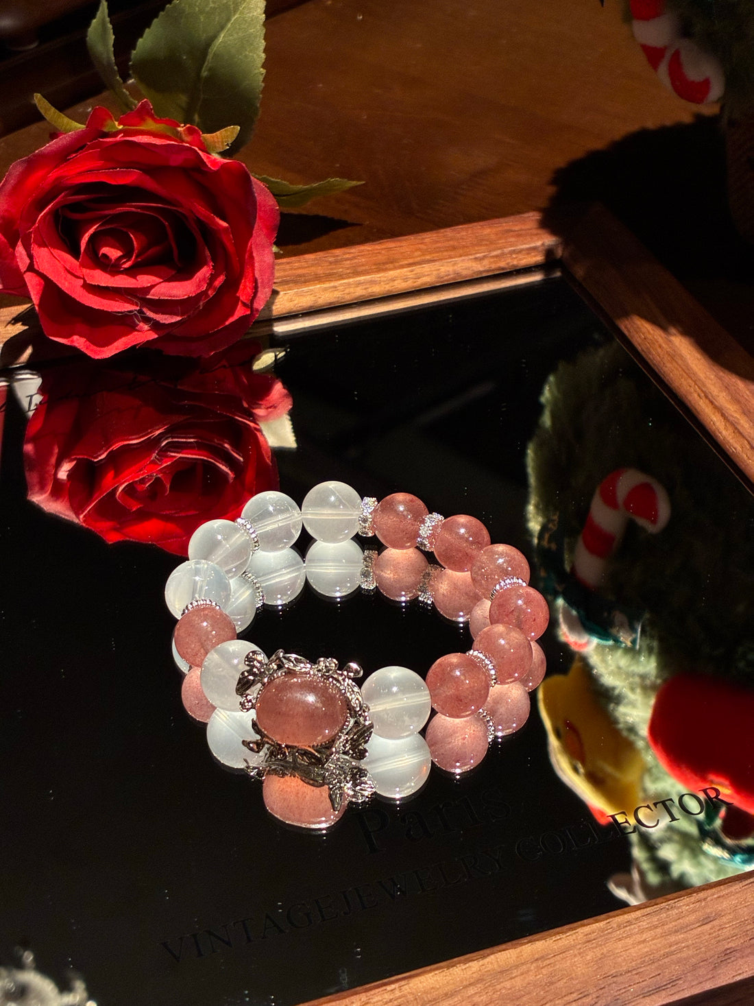 13mm Strawberry Quartz & Milky White Quartz Crystal Bracelet, Love & Calm - Strawberry Mist