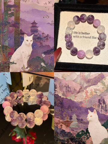 12mm Kunzite Amethyst Crystal Bracelet – Feng Shui Anxiety Relief - Moonlit Cat