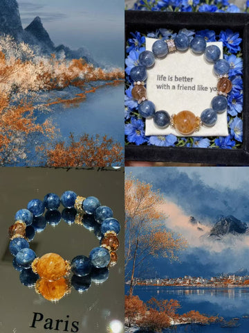 Kyanite & Yellow Flower Quartz heangling Crystal Bracelet, Calm Focus & Wealth - Sapphire Ember
