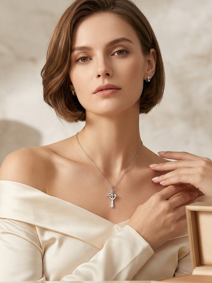 Silver Chain Silver Heart Cross Necklace – Minimalist Faith Pendant for Women