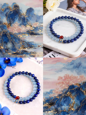 Gift for Her Lapis Lazuli & Aquamarine Bracelet for Women, Double Layer Crystal Bracelet for Calm & Communication