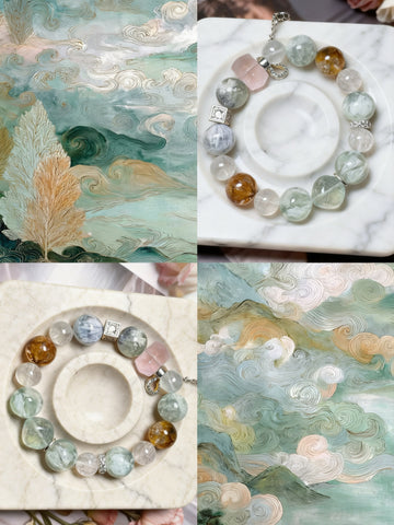 Calm & Emotional Healing Crystal Bracelet – Feather Fluorite, Blood Red Pepper Quartz & Rose Quartz Double Point – Verdant Serenity
